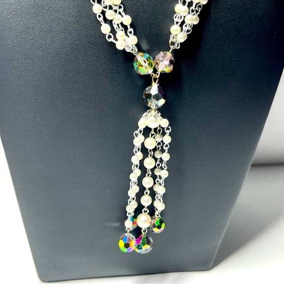 VTG 60's Aurora Borealis Pearl Tassel Matinee Necklace & Earrings Set - Picture 4 of 10